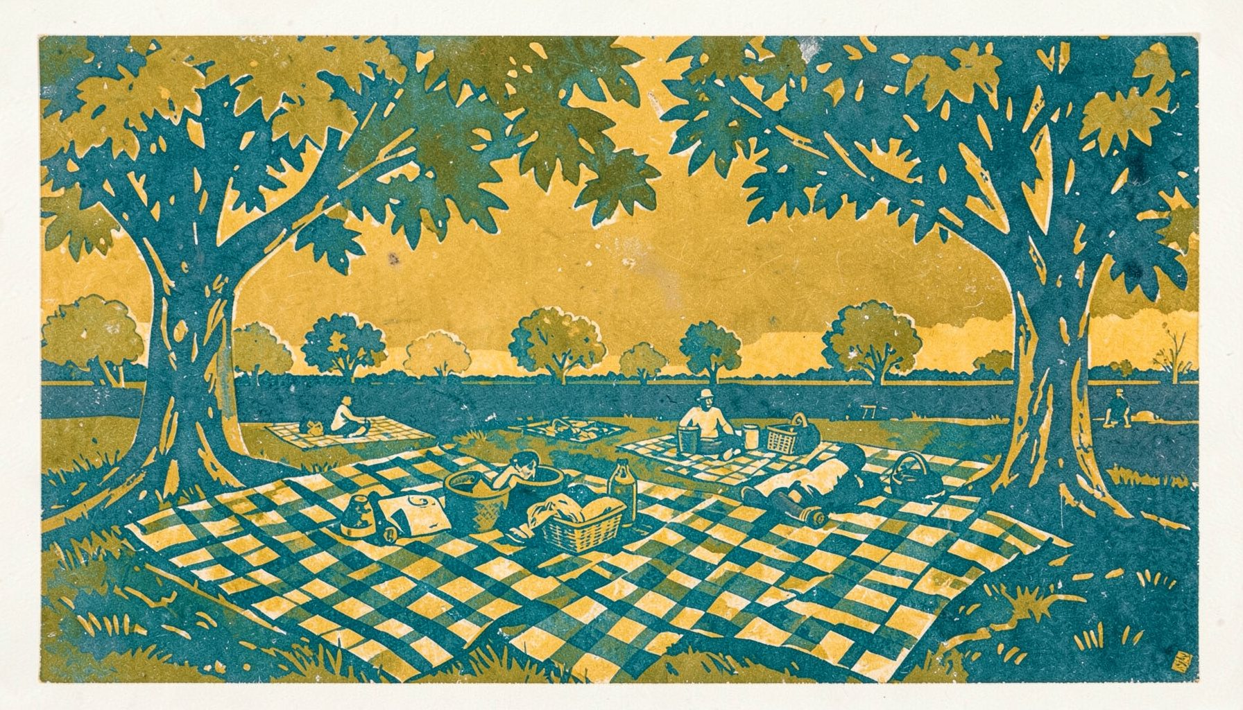 A linocut relief print of a community picnic scene with checkered blankets and leafy shade trees, in warm ochre, olive green, and slate gray.