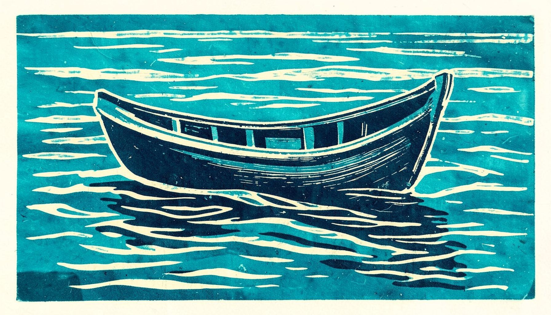 A linocut relief print of a handcrafted cardboard boat floating on still water, with bold teal and navy tones and soft cream highlights on the ripples.