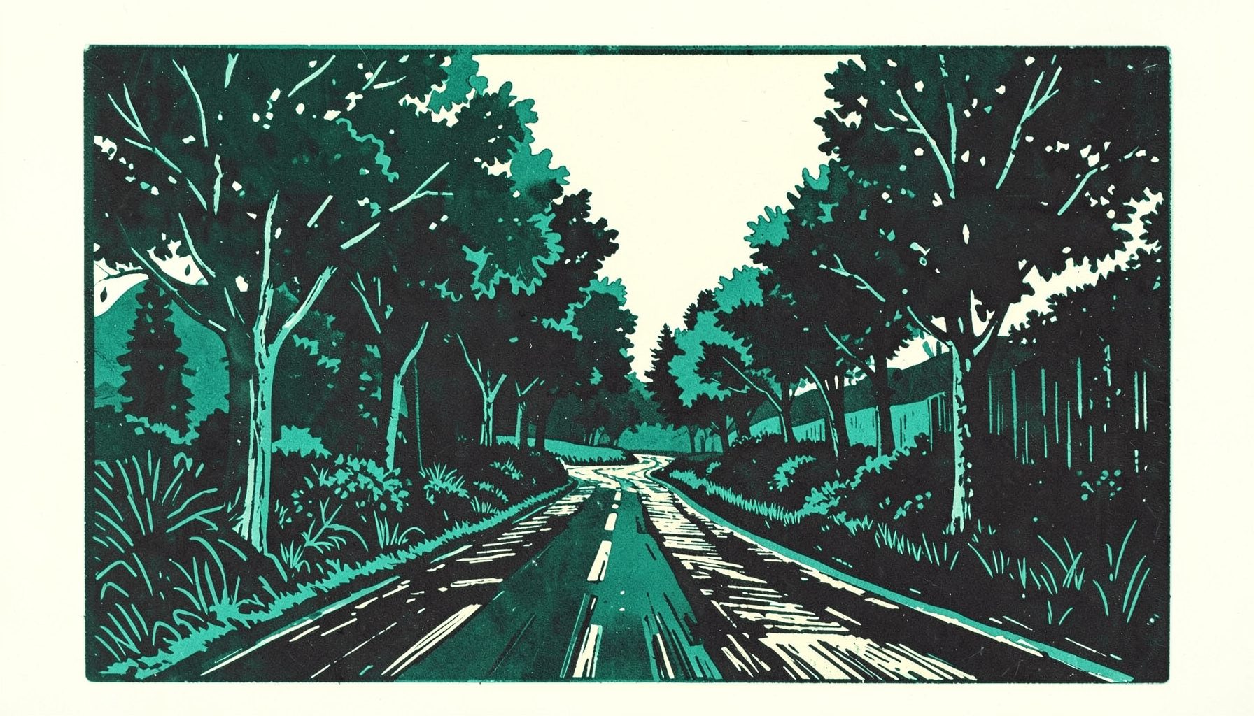 A linocut relief print of a winding country road lined with trees, rendered in deep forest green and charcoal black against a pale cream sky, evoking a quiet rural morning.