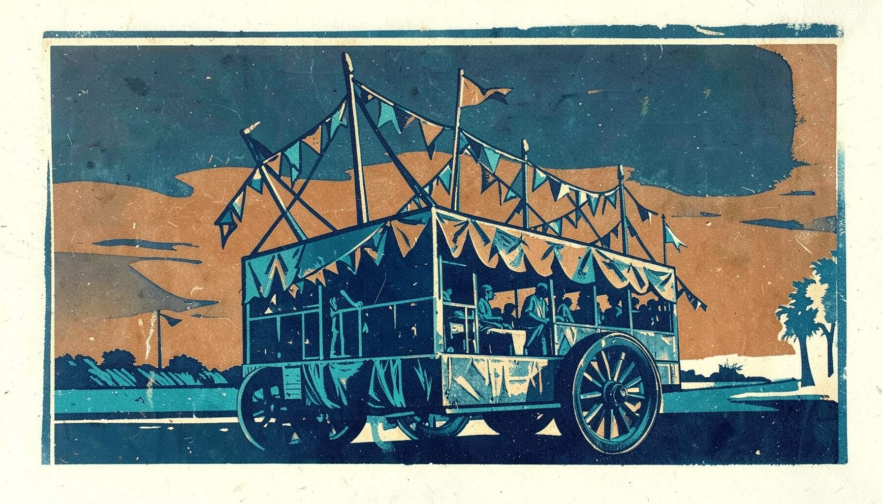 A linocut relief print of a parade float silhouette with bunting flags against a dusky sky, in muted indigo, burnt orange, and cream.
