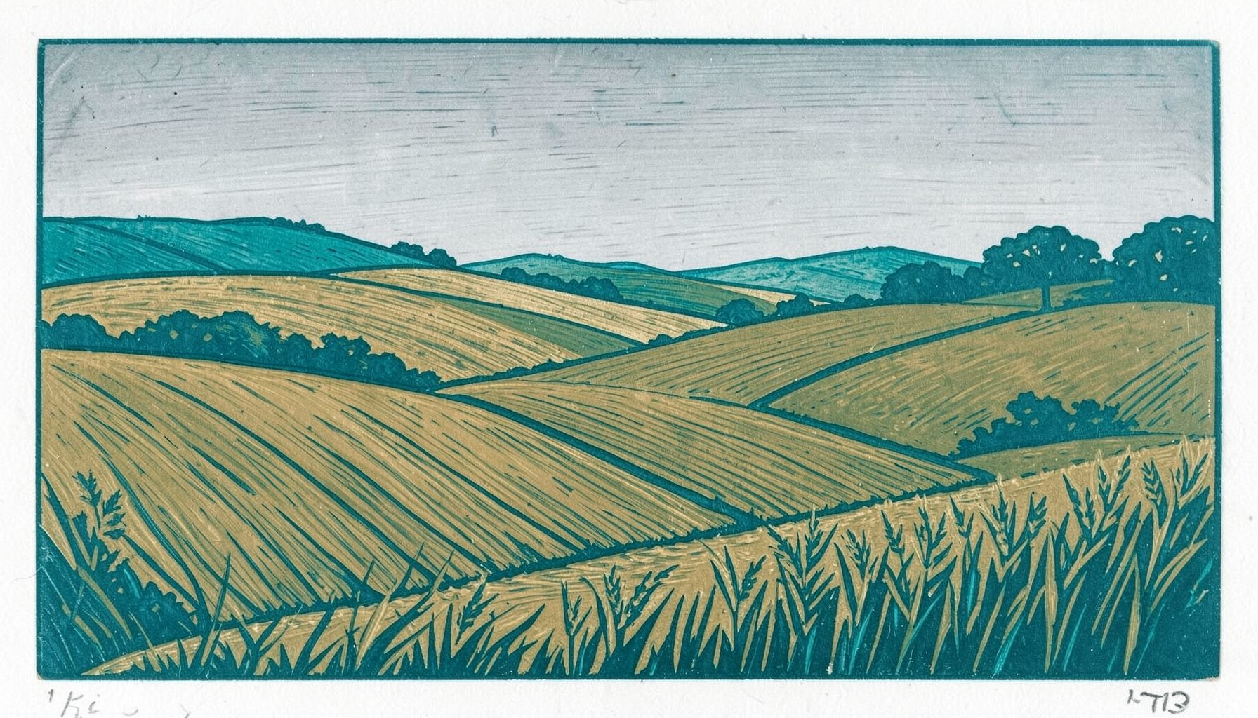 A quiet rural landscape in late summer, with rolling fields in muted gold and olive green beneath a soft grey-blue sky, rendered as a carved linocut relief print with bold, textured strokes.